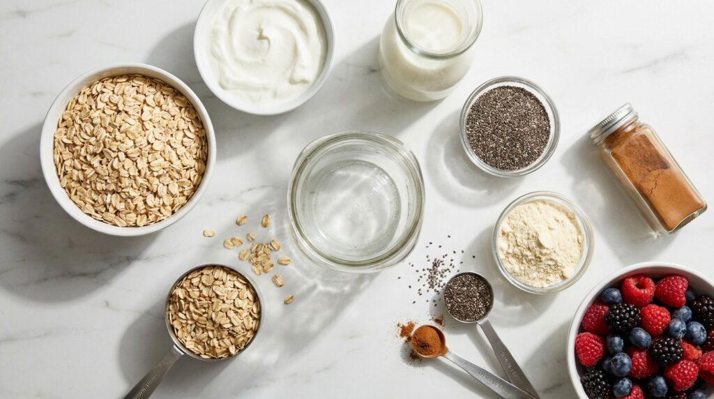 Ingredients for high protein overnight oats including rolled oats Greek yogurt milk chia seeds and protein powder