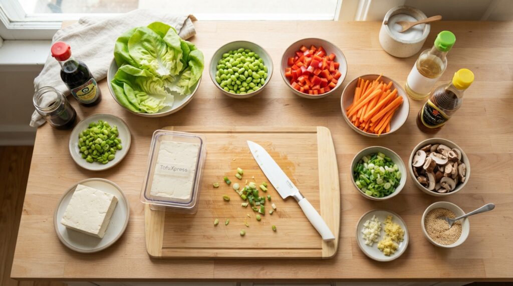 Ingredients for high protein tofu lettuce wraps including tofu lettuce edamame peppers carrots garlic and ginger