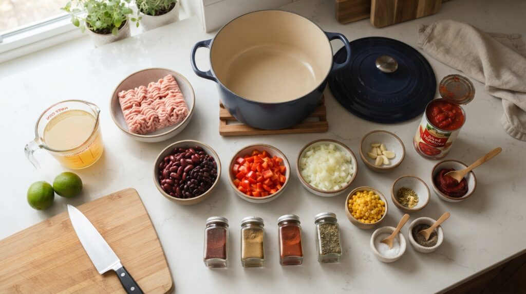 Ingredients for high protein turkey chili including lean ground turkey beans tomatoes peppers corn and spices