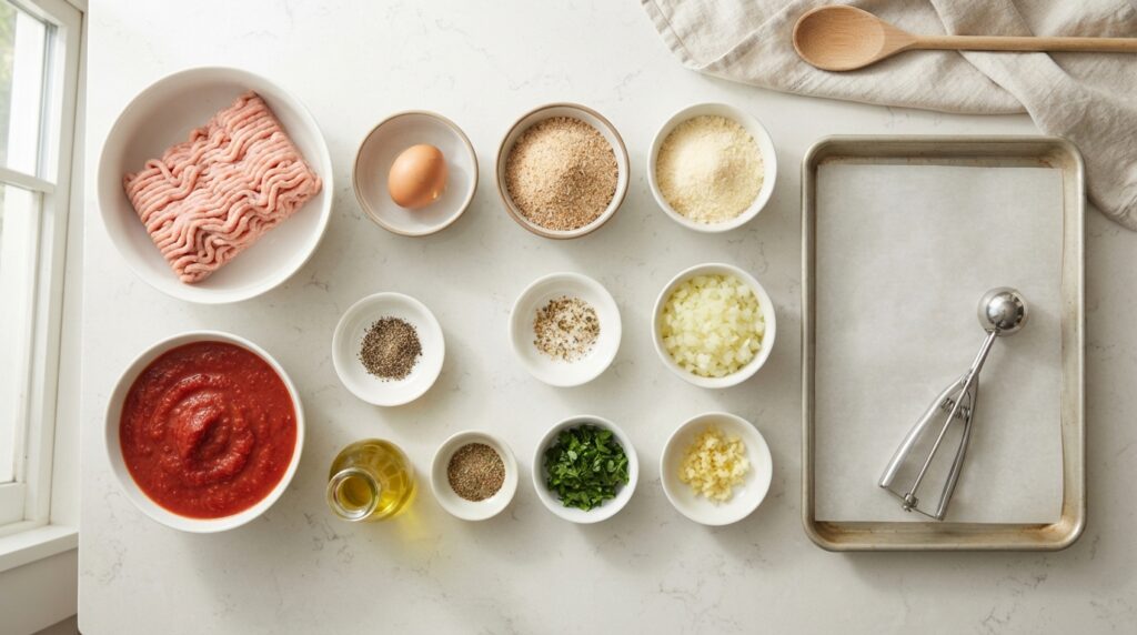 Ingredients for high protein turkey meatballs including lean ground turkey egg breadcrumbs Parmesan onion garlic and herbs
