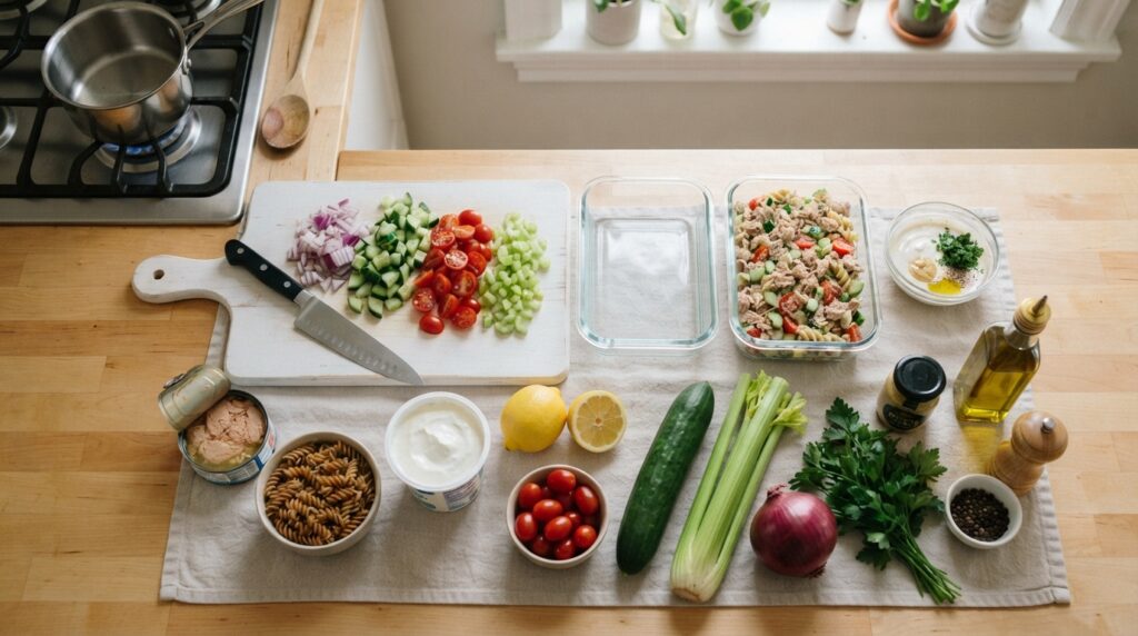 Ingredients for high protein tuna pasta salad with tuna Greek yogurt whole wheat pasta vegetables and lemon