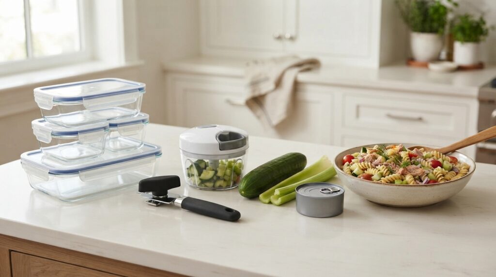 Glass meal prep containers can opener and vegetable chopper for making tuna pasta salad