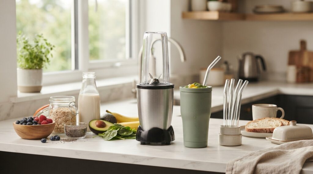 High speed blender insulated smoothie tumbler and reusable glass straws for protein coffee smoothies