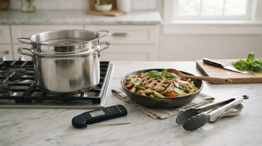Pasta pot with strainer insert instant read meat thermometer and silicone tongs beside chicken pesto pasta