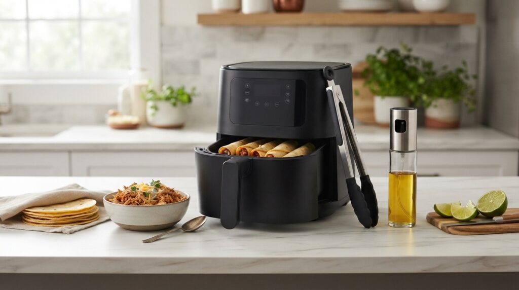 Air fryer silicone kitchen tongs and refillable oil sprayer for making crispy chicken taquitos