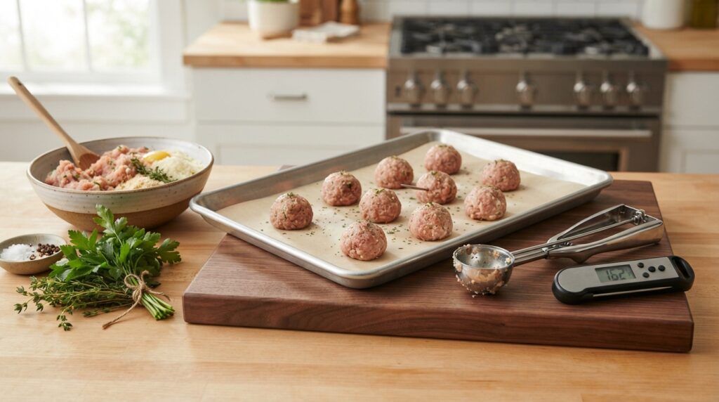 : Rimmed sheet pan meatball scoop and instant read thermometer for making turkey meatballs at home
