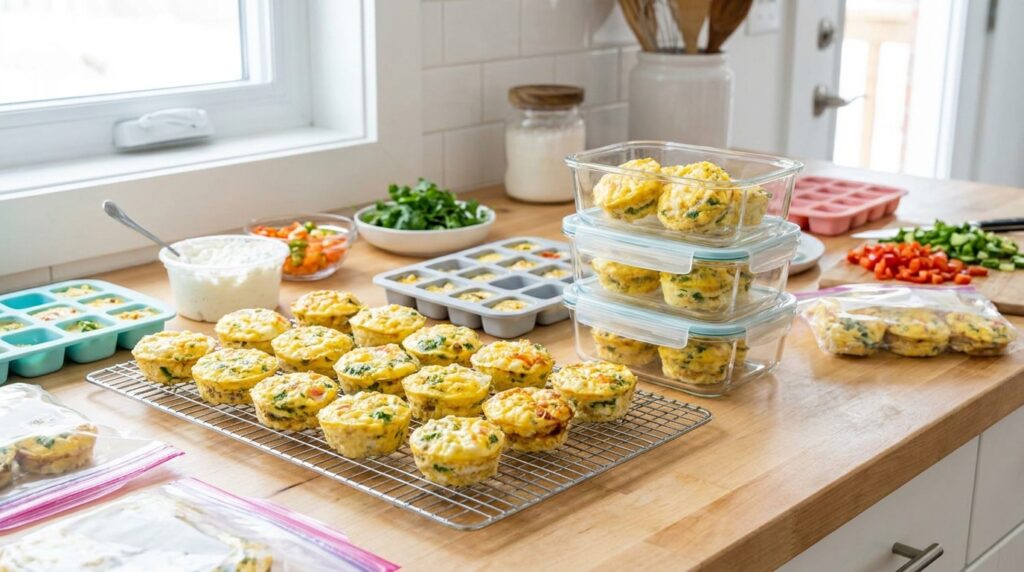 Cottage cheese egg bites stored in meal prep containers for refrigerator and freezer breakfasts
