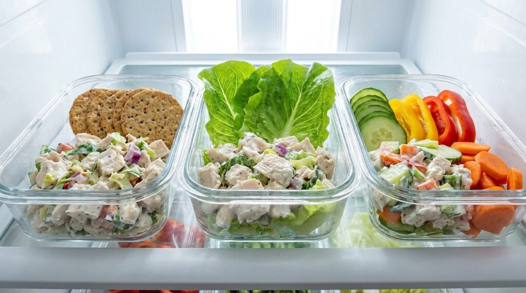 Greek yogurt chicken salad divided into meal prep containers with crackers lettuce and vegetables