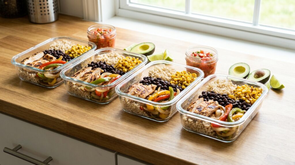 hicken burrito bowl meal prep containers with chicken rice beans corn vegetables and fresh toppings packed separately
