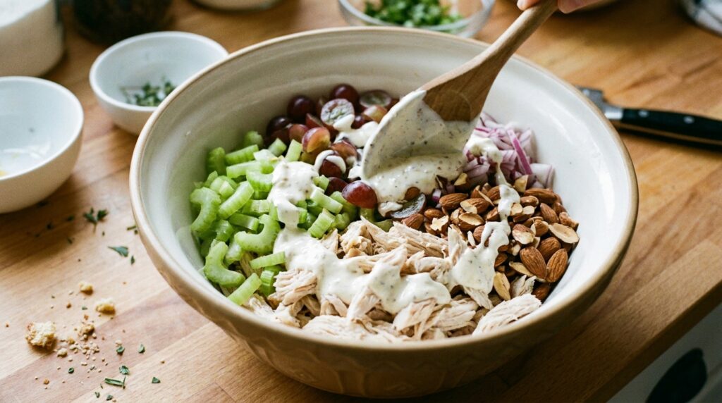Greek yogurt dressing being folded into chicken grapes celery onion and almonds for chicken salad
