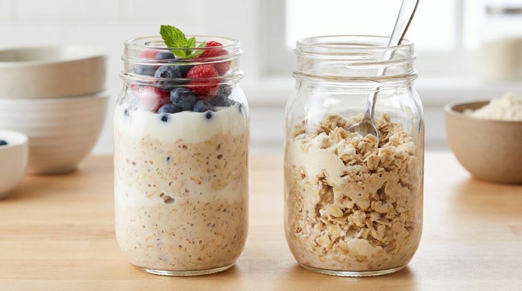 Creamy high protein overnight oats compared with dry poorly mixed oats showing common preparation mistakes