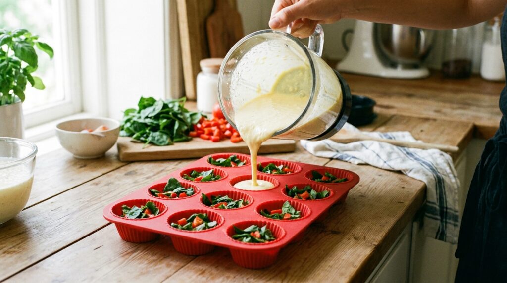 Smooth egg and cottage cheese mixture being poured into a muffin pan with spinach and peppers
