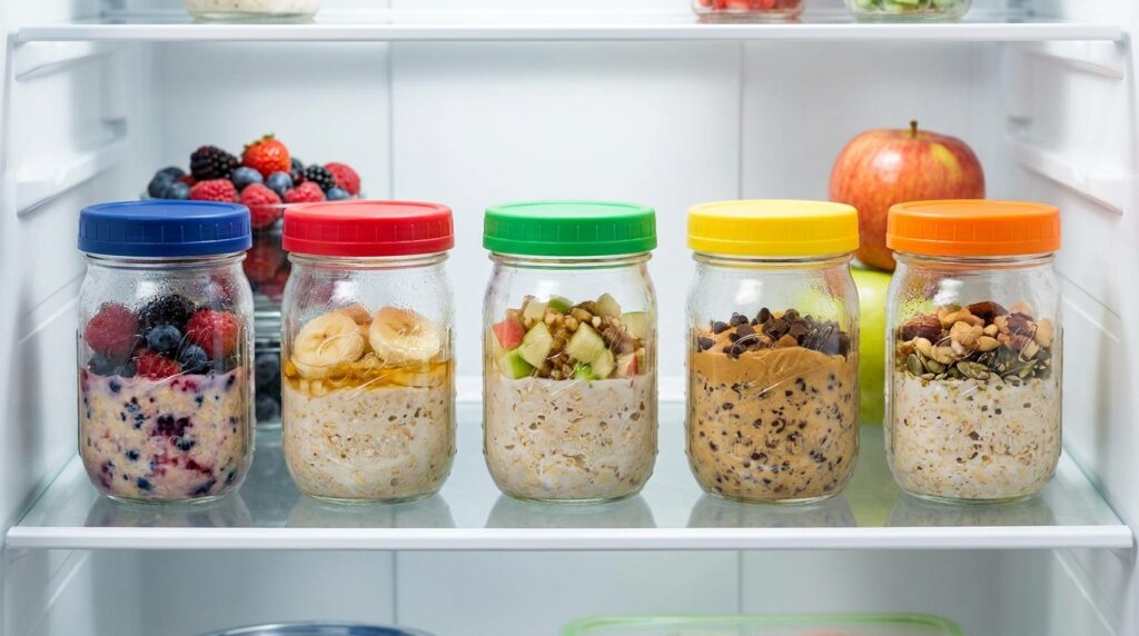 High protein overnight oats meal prep jars stored in the refrigerator for quick healthy breakfasts