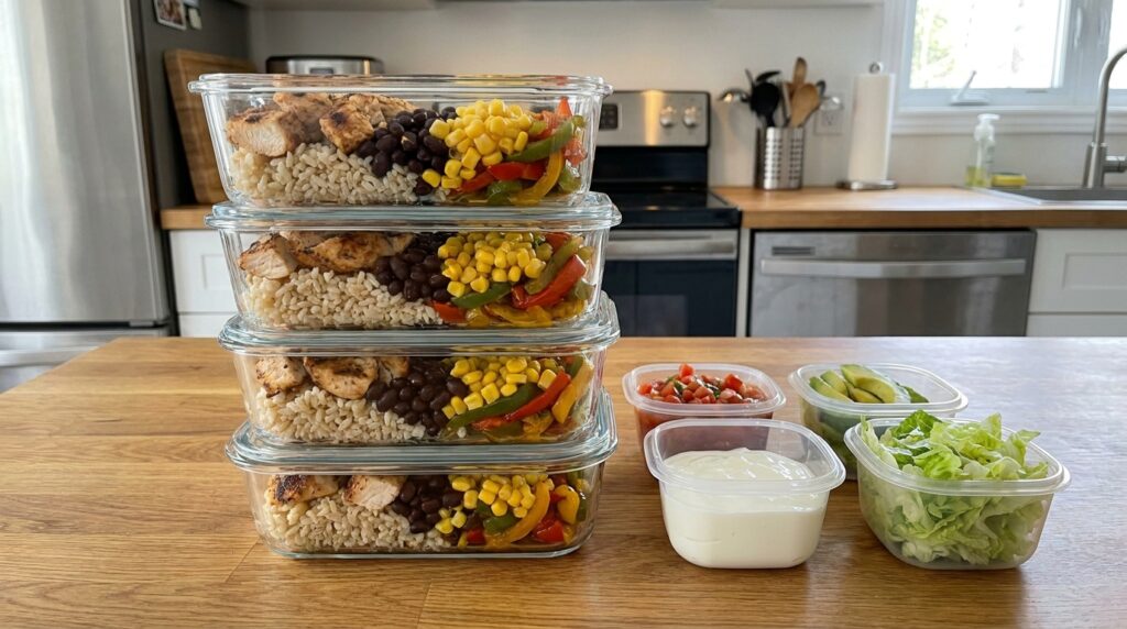 Meal prep burrito bowls with chicken rice beans and vegetables plus fresh toppings stored separately