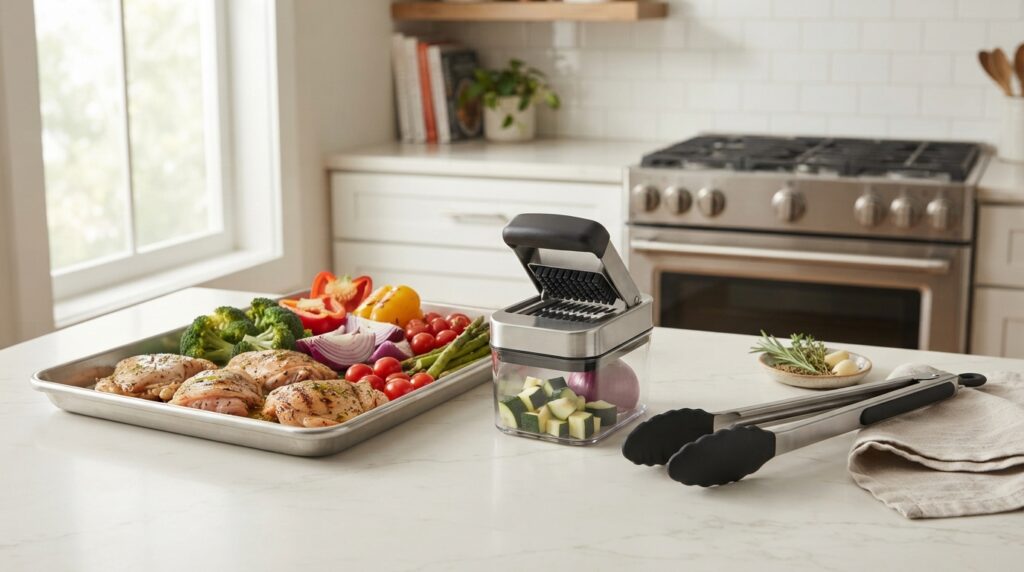 Rimmed sheet pan silicone kitchen tongs and vegetable chopper for sheet pan chicken and vegetables