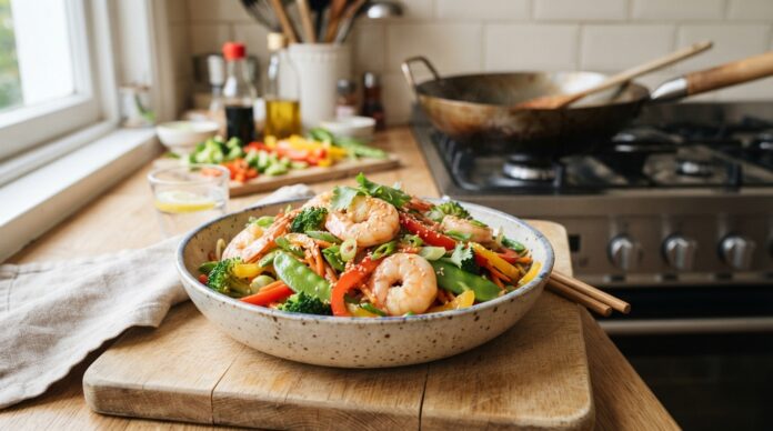 High protein shrimp stir fry with broccoli bell peppers carrots and snow peas in a savory homemade sauce