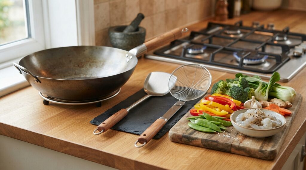Carbon steel wok stainless steel wok spatula and spider strainer for making shrimp stir fry at home