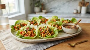 High protein tofu lettuce wraps with crispy tofu vegetables edamame and sesame ginger sauce