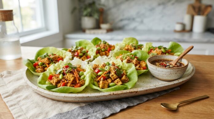 High protein tofu lettuce wraps with crispy tofu vegetables edamame and sesame ginger sauce
