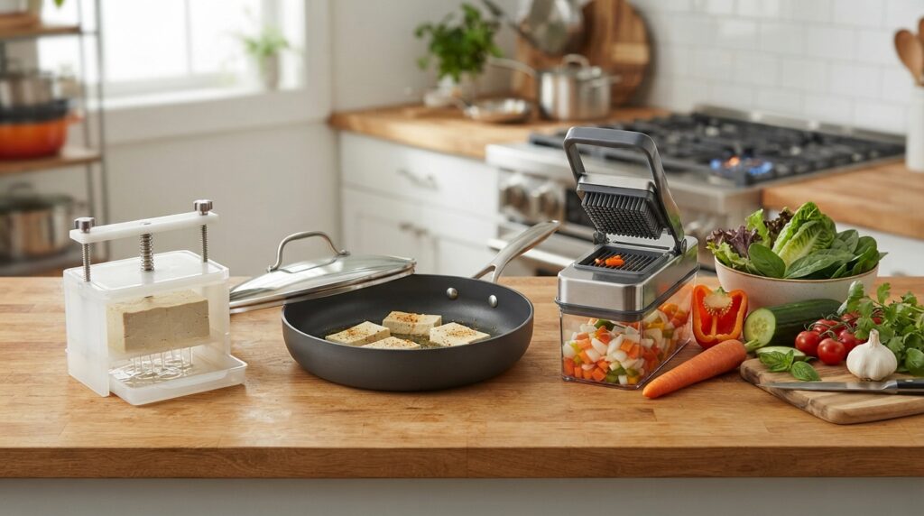 Tofu press nonstick skillet and vegetable chopper for making tofu lettuce wraps