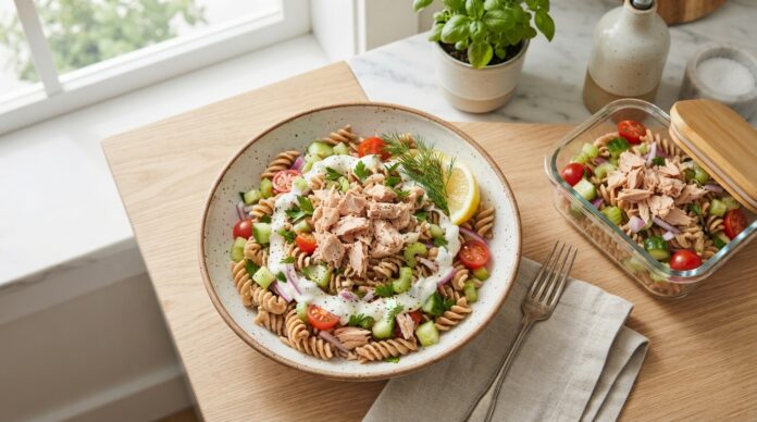 High protein tuna pasta salad with whole wheat pasta tuna Greek yogurt cucumber tomatoes celery and herbs