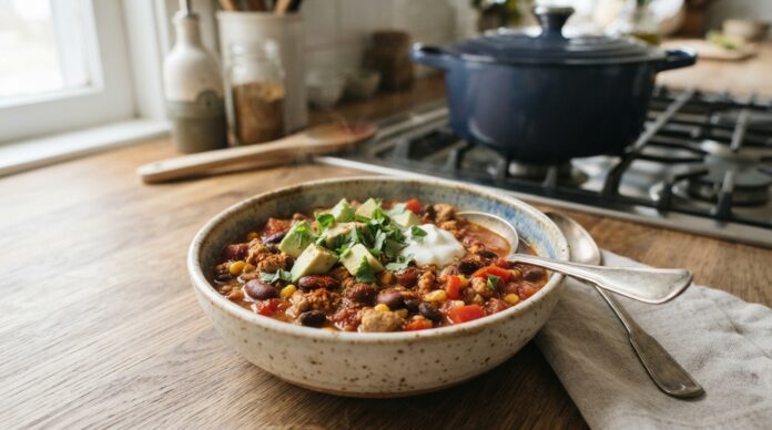 : High protein turkey chili with lean ground turkey beans tomatoes peppers corn avocado and cilantro