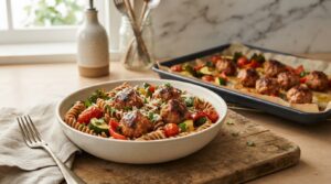 High protein turkey meatballs served with vegetables and whole grain pasta for an easy meal prep dinner