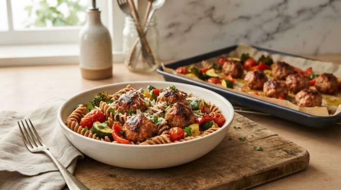 High protein turkey meatballs served with vegetables and whole grain pasta for an easy meal prep dinner