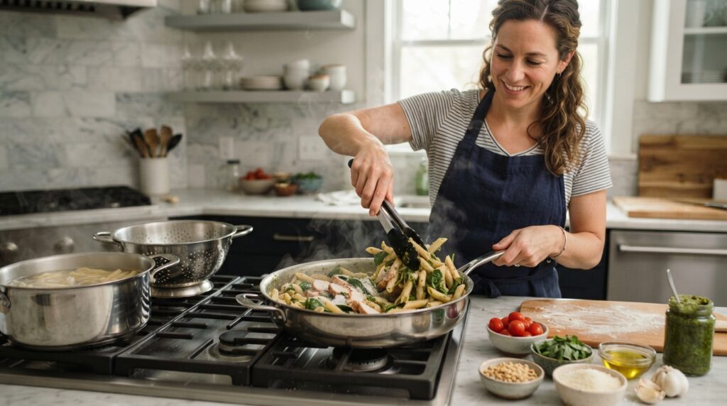 Woman tossing chicken pesto pasta with silicone tongs in a skillet with spinach and pesto