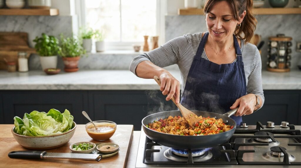 Woman cooking crispy tofu vegetable filling for high protein lettuce wraps in a skillet