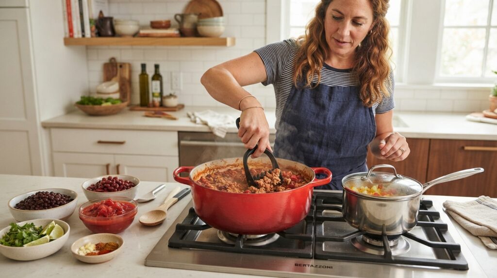 Woman cooking high protein turkey chili in a Dutch oven with lean ground turkey vegetables beans and spices