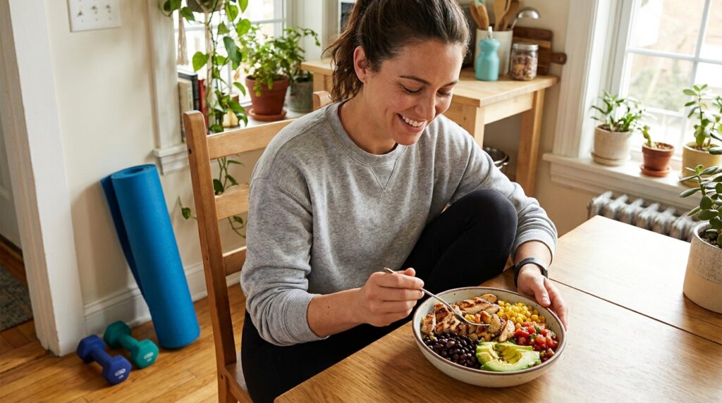 Woman eating a high protein chicken burrito bowl after a home workout with dumbbells in the background
