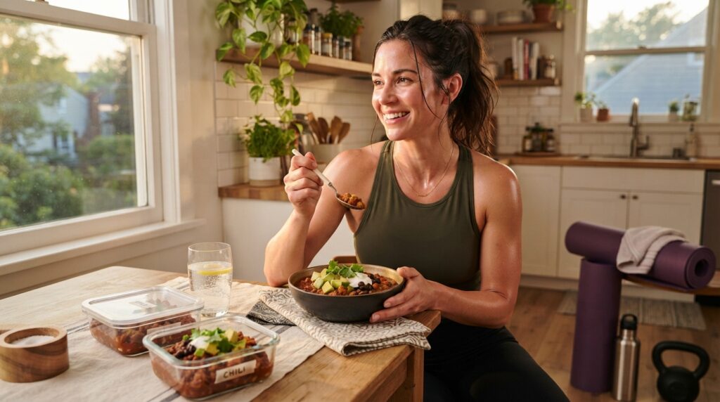 Woman enjoying high protein turkey chili with meal prep containers after a home workout
