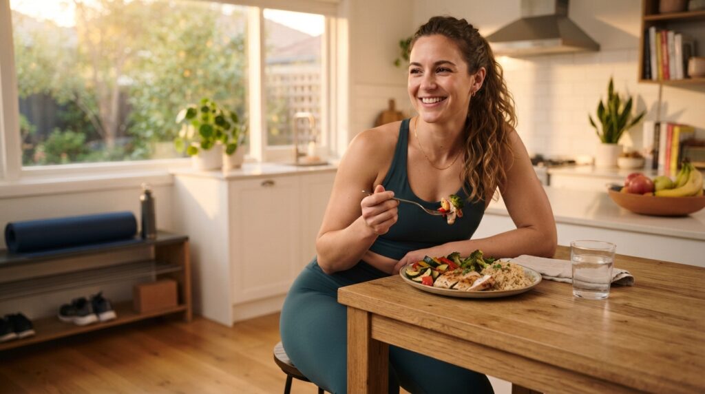 Woman enjoying high protein sheet pan chicken and vegetables after a home workout