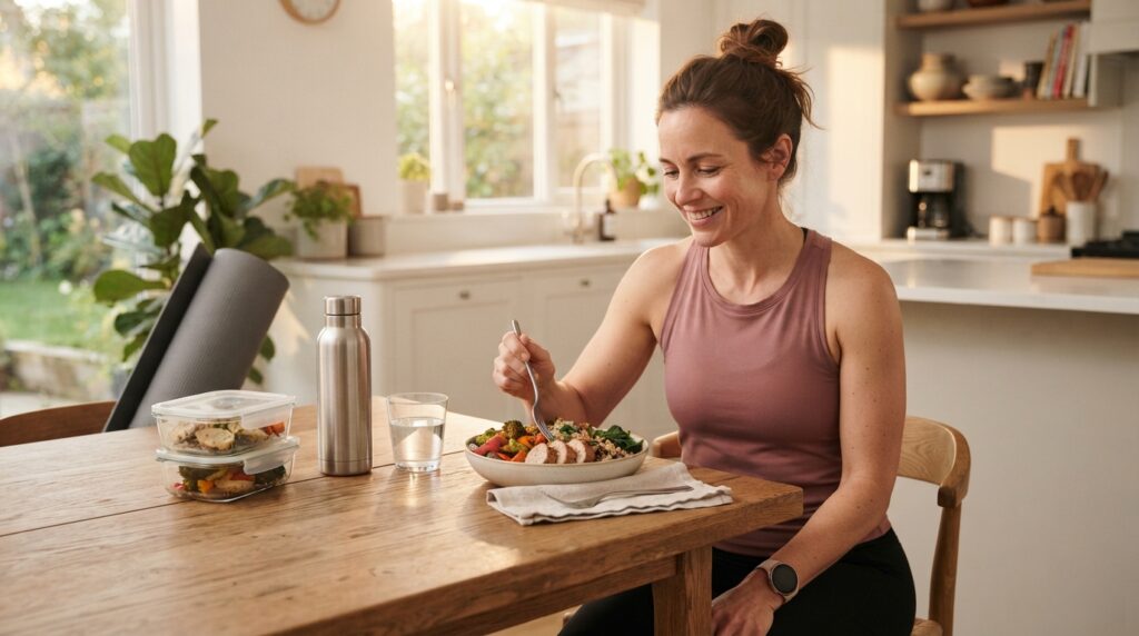 : Woman enjoying high protein turkey meatballs with vegetables and quinoa after a home workout