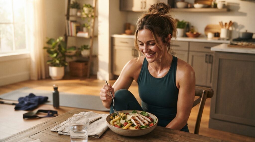 Woman enjoying high protein chicken pesto pasta after a home workout with vegetables and chicken

