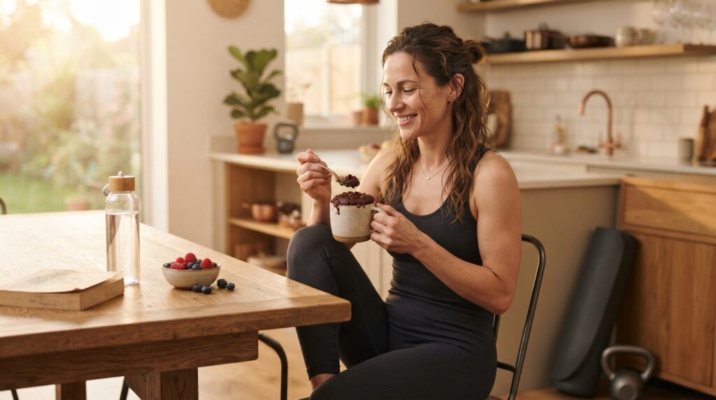 : Woman enjoying a high protein chocolate mug cake after a home workout