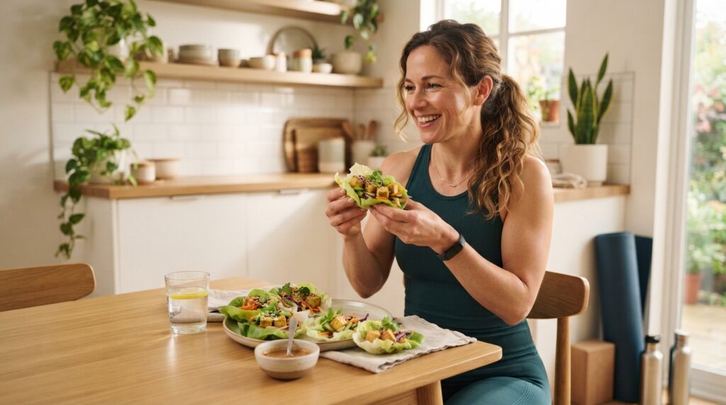 Woman enjoying high protein tofu lettuce wraps after a home workout