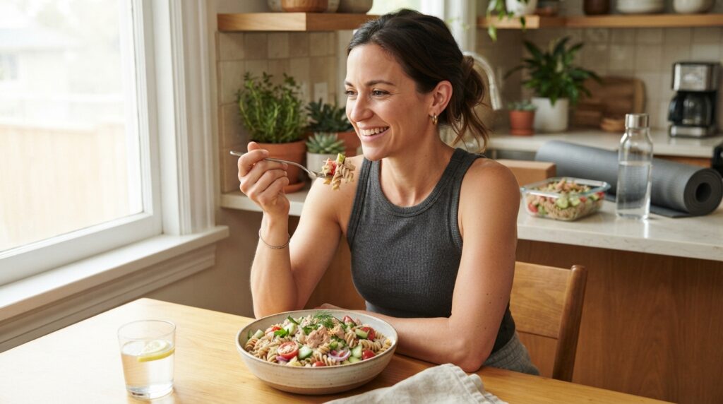 Woman enjoying high protein tuna pasta salad as a healthy meal prep lunch

