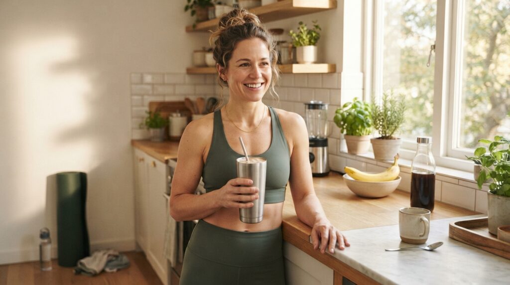Woman drinking a high protein coffee smoothie after a morning home workout