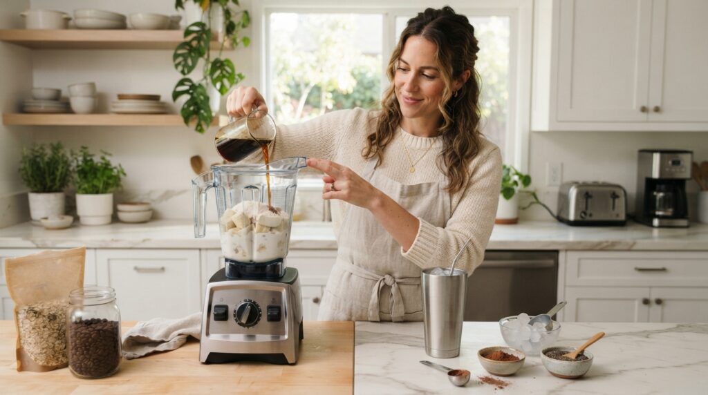 Woman blending chilled coffee Greek yogurt banana and protein powder for a high protein coffee smoothie