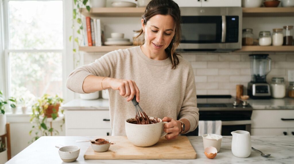Woman mixing chocolate protein mug cake batter in a microwave safe ceramic mug with a mini whisk