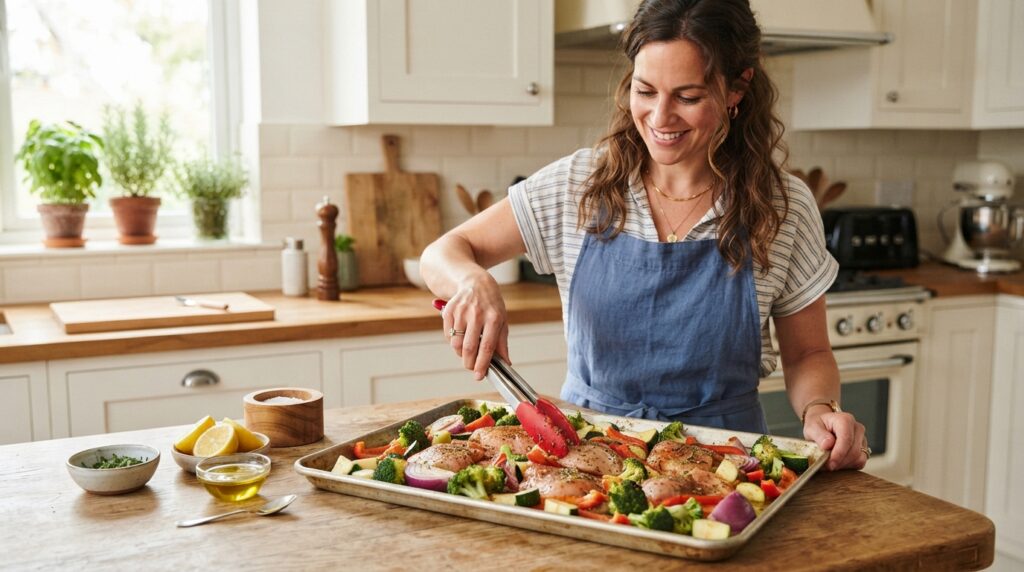 Woman arranging seasoned chicken and vegetables on a rimmed sheet pan with silicone tongs