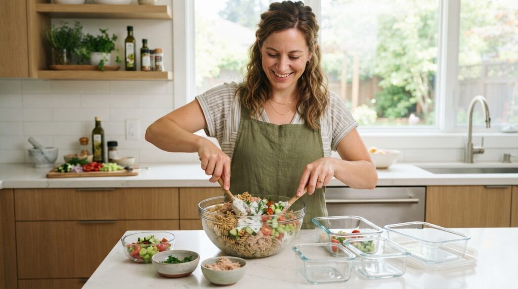 Woman mixing high protein tuna pasta salad with Greek yogurt dressing and fresh vegetables

