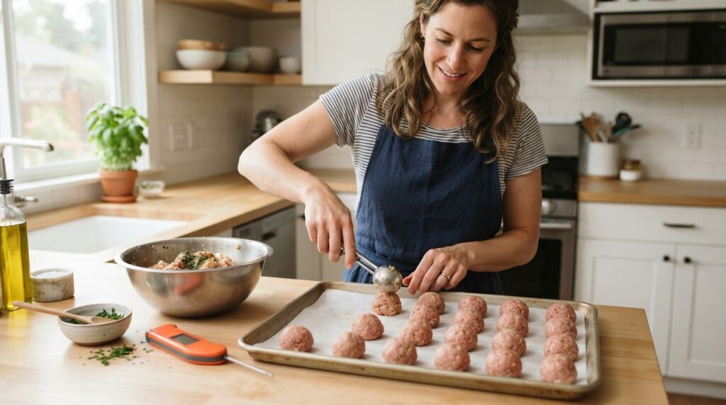 Woman portioning high protein turkey meatballs onto a rimmed sheet pan with a meatball scoop