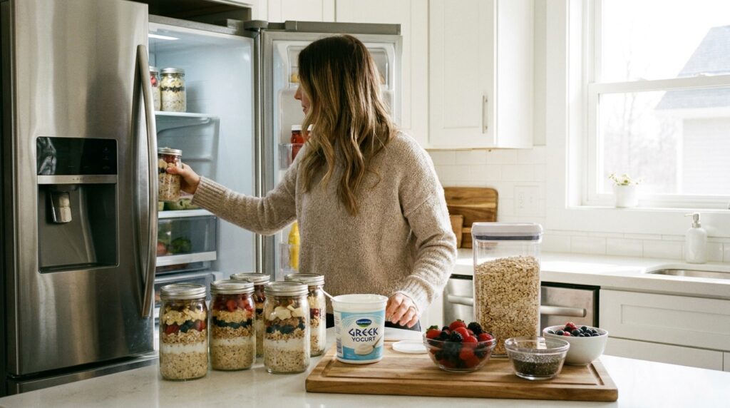 Woman choosing a high protein overnight oats jar from the refrigerator for an easy meal prep breakfast